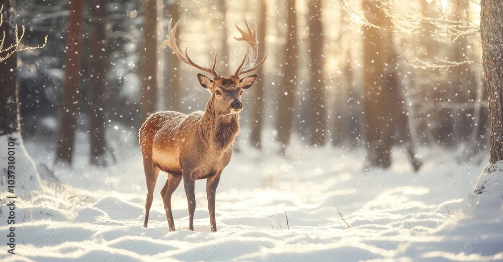 Noble Male Deer in a Winter Snow Forest. AI generated illustration. Noble Male Deer in a Winter Snow Forest. AI generated illustration.