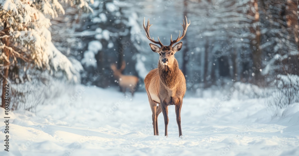 Noble Male Deer in a Winter Snow Forest. AI generated illustration. Noble Male Deer in a Winter Snow Forest. AI generated illustration.