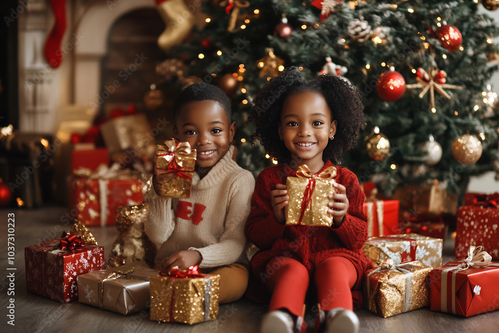 Children joyfully opening presents in front of a beautifully decorated Christmas tree at home during the festive holiday season Children joyfully opening presents in front of a beautifully decorated Christmas tree at home during the festive holiday season