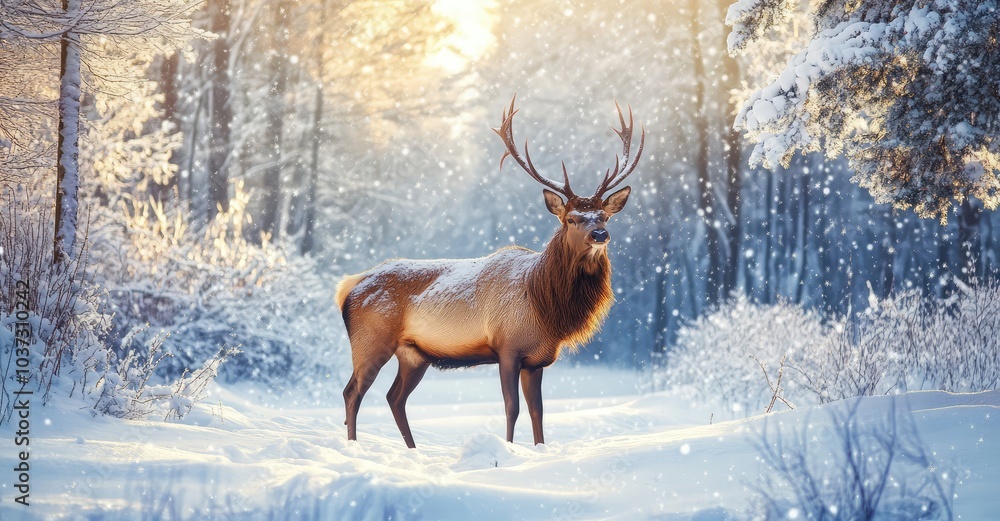 Noble Male Deer in a Winter Snow Forest. AI generated illustration. Noble Male Deer in a Winter Snow Forest. AI generated illustration.