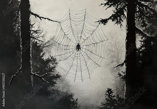 Scary spiderweb In Forest.