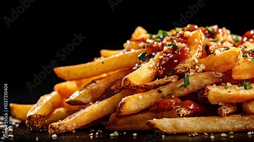 A mouthwatering stack of crispy French fries topped with a rich ketchup sauce and sprinkled with fresh herbs, set against a dark backdrop for dramatic effect. photo