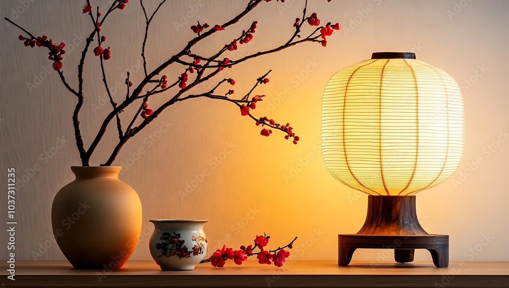 Japanese-Inspired Decor with Elegant Lantern and Red Blossoms Japanese-Inspired Decor with Elegant Lantern and Red Blossoms
