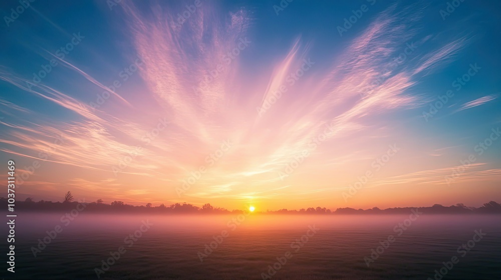 Fototapeta premium A serene sunrise with wispy clouds streaking across the colorful sky above a calm field