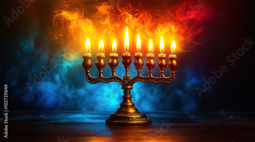 Menorah for Hanukkah beautifully displayed against a vibrant color background celebrating photo