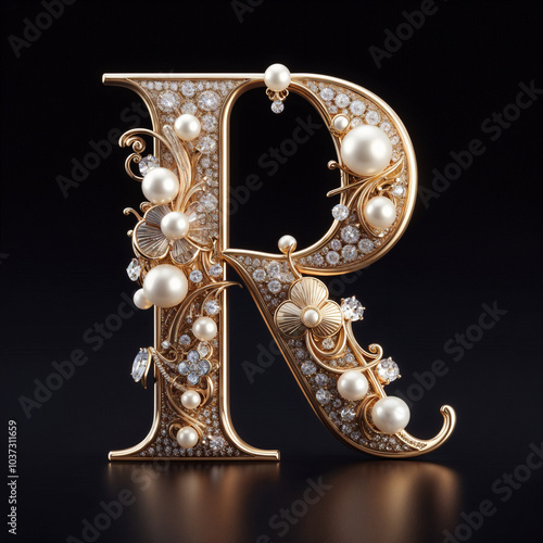 R. The letter of the Latin alphabet in the form of a luxurious openwork jewelry made of gold, decorated with precious stones, diamonds and pearls. On a black background.