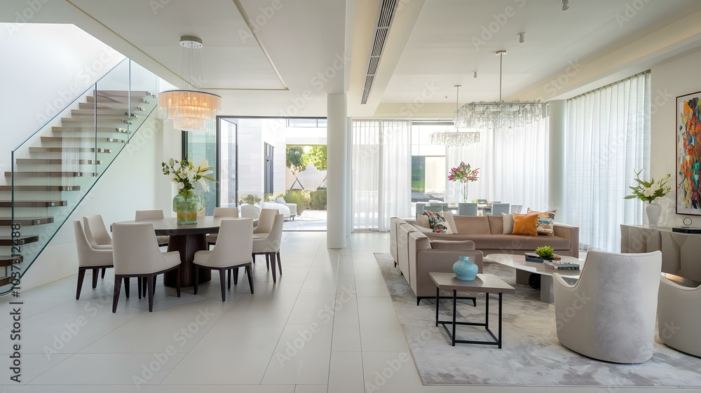 Fototapeta premium Luxurious Open-Concept Living Room and Dining Area Featuring Elegant Furniture, Crystal Chandeliers, and Abundant Natural Light for Modern Living