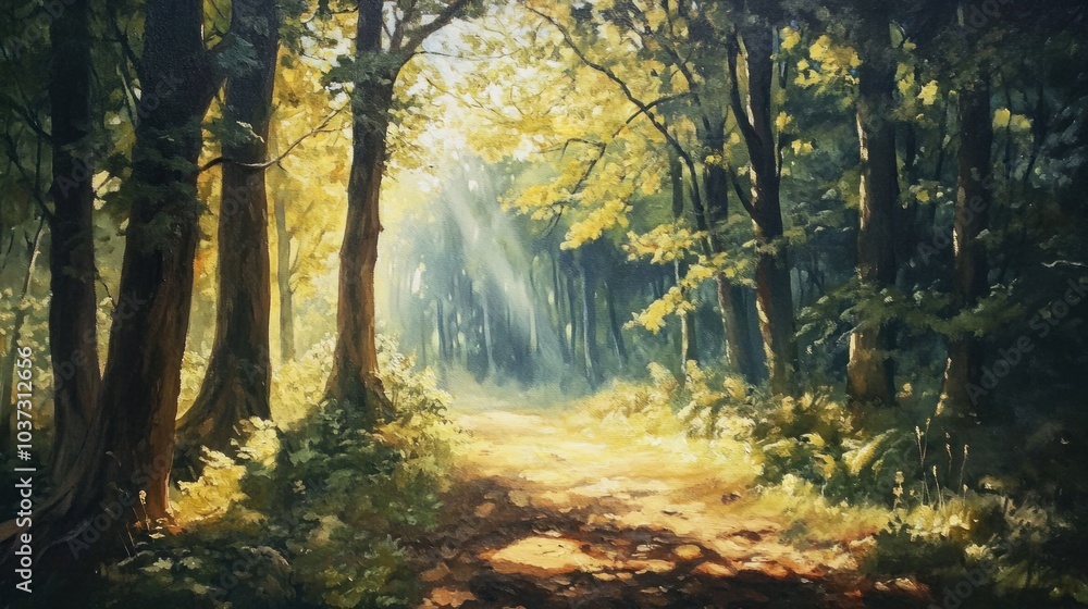 Obraz premium Sunlit Path Through the Woods