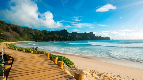 Wallpaper Mural Idyllic Tropical Beach with Wooden Walkway Leading to Crystal Clear Waters and Lush Greenery, Perfect for a Serene Escape and Beachside Relaxation Torontodigital.ca