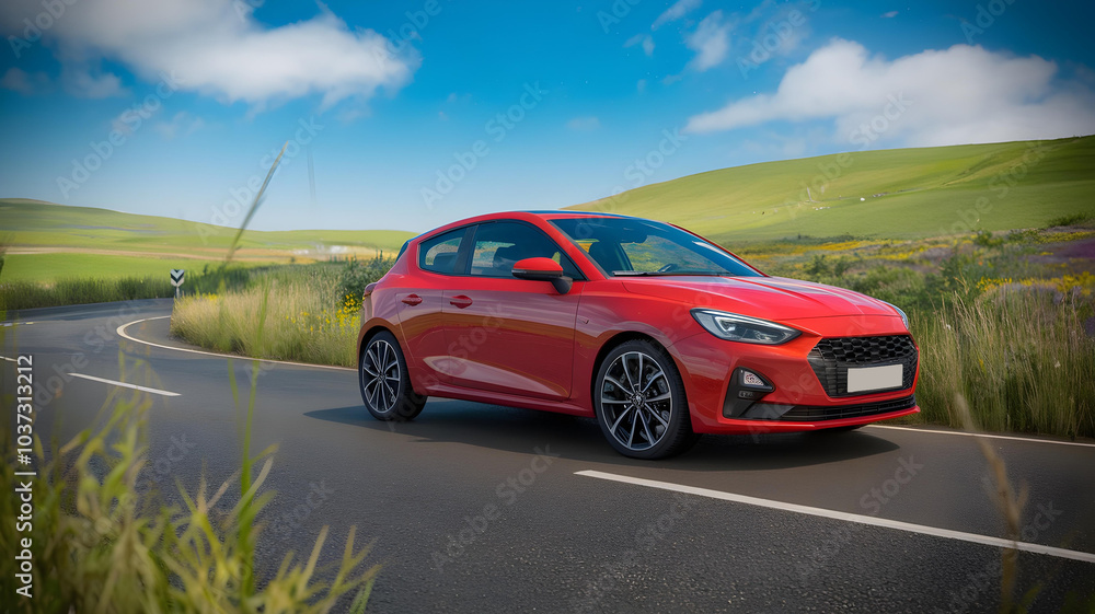 Dynamic Red Hatchback Car on a Scenic Country Road, Surrounded by Lush Green Hills and Vibrant Wildflowers, Perfect for Adventure and Exploration Dynamic Red Hatchback Car on a Scenic Country Road, Surrounded by Lush Green Hills and Vibrant Wildflowers, Perfect for Adventure and Exploration