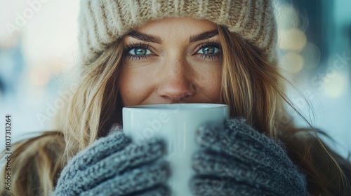 A close-up of a smiling woman wearing a cozy winter hat, holding and sipping from a large mug, capturing warmth and happiness during the cold season. photo