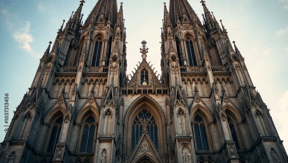 Fototapeta premium Majestic Gothic cathedral with towering spires and stained glass windows