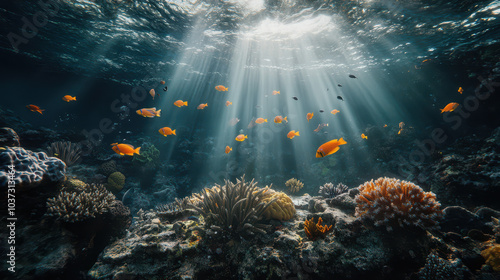 Vibrant Coral Reef with Colorful Tropical Fish: Photorealistic Scuba Diving Scene, Underwater Light Beams, Sharp Focus on Marine Life, and Immersive Composition.