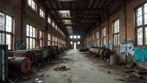 Derelict factory with rusted machinery broken windows graffiti on brick walls