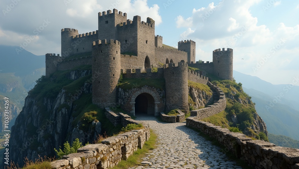 Majestic castle on rocky hill with turrets and winding path Majestic castle on rocky hill with turrets and winding path