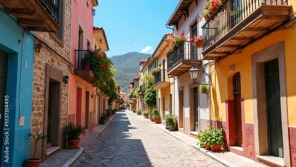 Fototapeta premium Quaint Mediterranean village with pastel buildings and flower adorned balconies