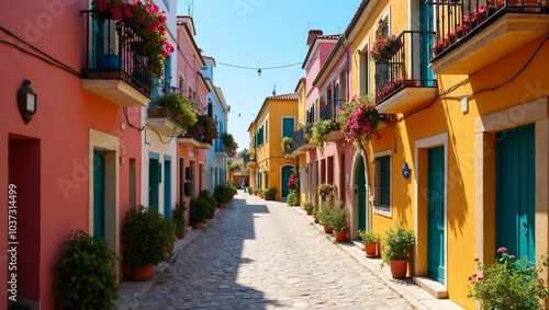 Quaint Mediterranean village with pastel buildings and flower adorned balconies
