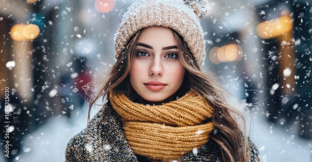 Pretty Woman Posing in Winter Town. AI generated illustration. Pretty Woman Posing in Winter Town. AI generated illustration.