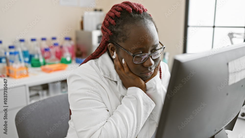 A focused african american woman with braids working in a laboratory in front of a computer A focused african american woman with braids working in a laboratory in front of a computer