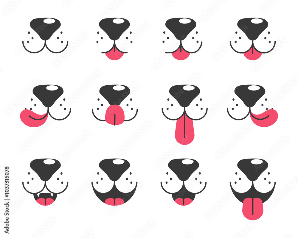 Dog face emotions, dog face with tongue hanging out. Dog mouth emotions, dog face with lick tongue and a funny nose. Dog face emotions, dog face with tongue hanging out. Dog mouth emotions, dog face with lick tongue and a funny nose.