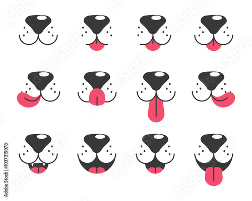 Dog face emotions, dog face with tongue hanging out. Dog mouth emotions, dog face with lick tongue and a funny nose.