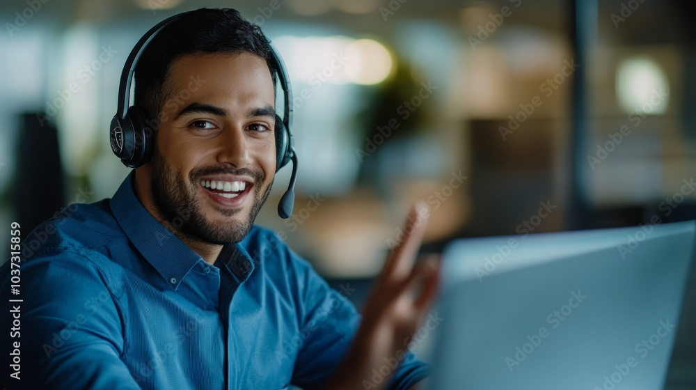 A young man wearing a headset smiles and points to the laptop screen in front of him, sitting at his desk in a modern office. A young man wearing a headset smiles and points to the laptop screen in front of him, sitting at his desk in a modern office.