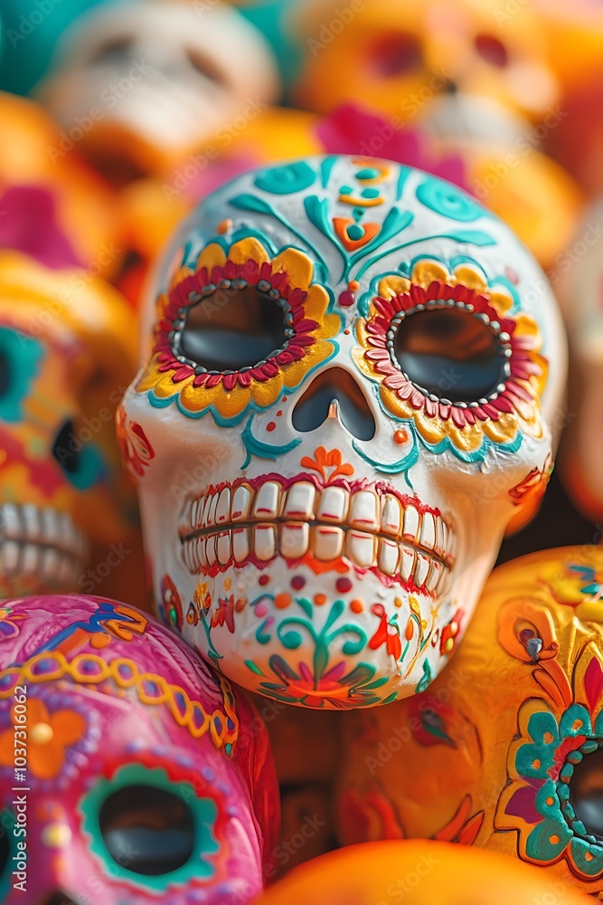 A pile of sugar skulls decorated with vibrant colors A pile of sugar skulls decorated with vibrant colors