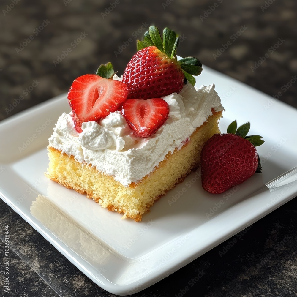 A slice of light sponge cake, topped with whipped cream and fresh strawberries, served on a white plate A slice of light sponge cake, topped with whipped cream and fresh strawberries, served on a white plate
