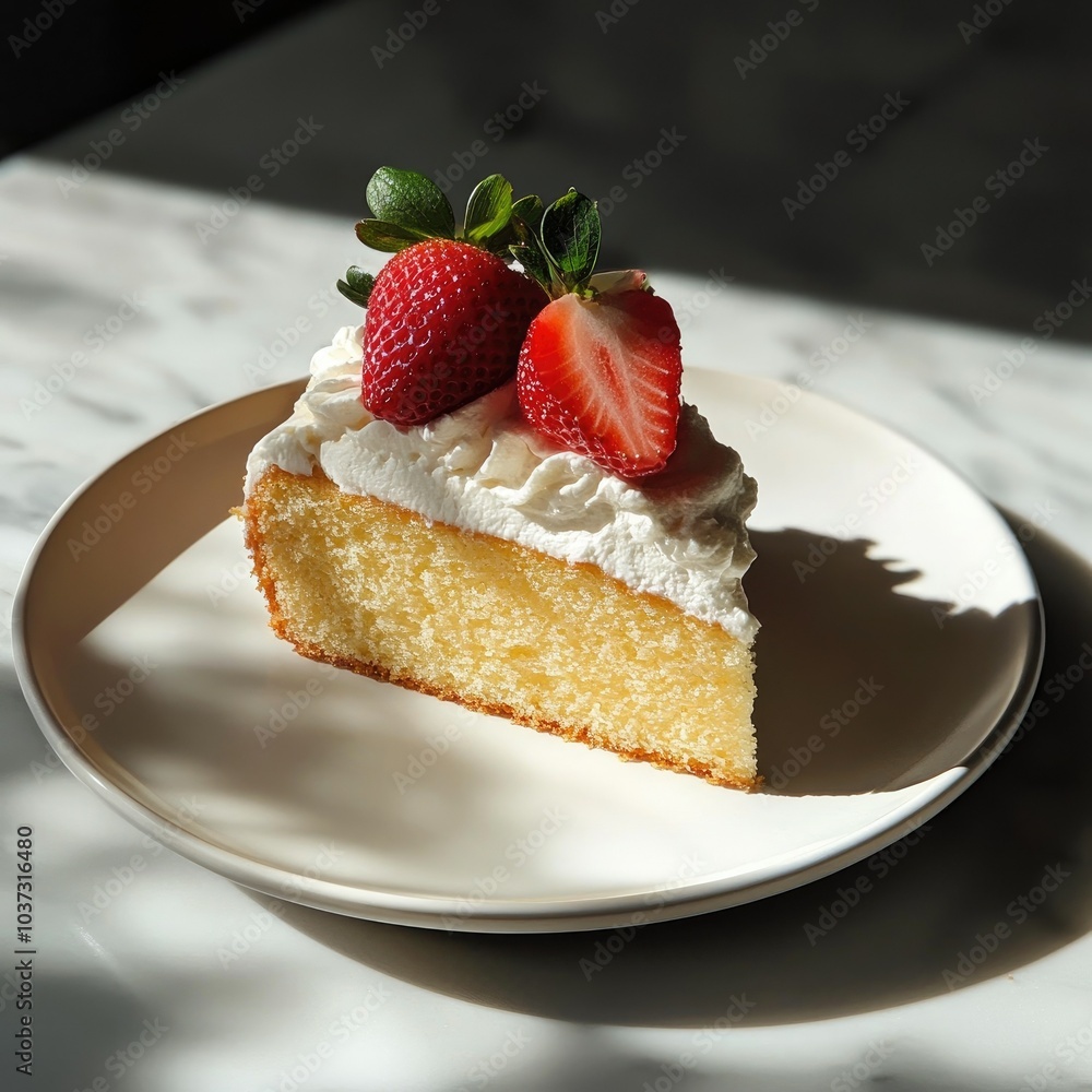 A slice of light sponge cake, topped with whipped cream and fresh strawberries, served on a white plate A slice of light sponge cake, topped with whipped cream and fresh strawberries, served on a white plate
