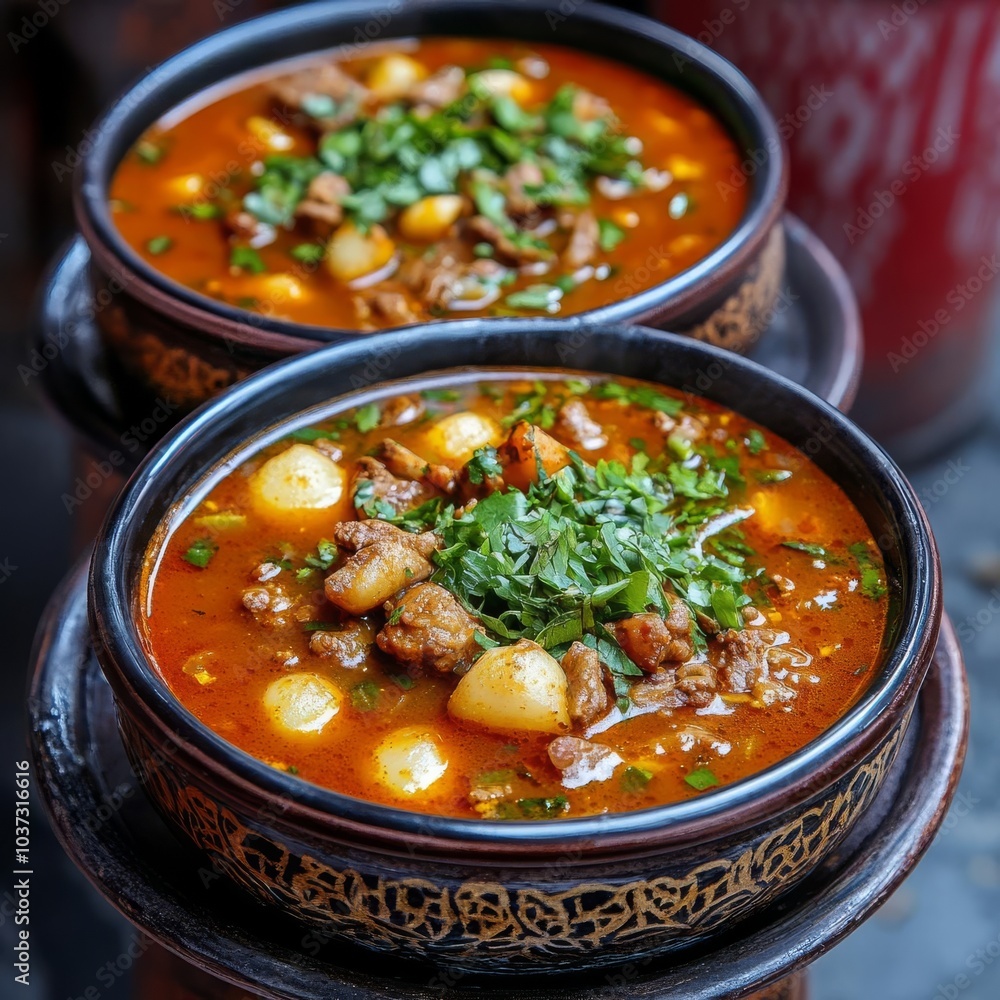 Moroccan street vendor with Harira soup, cozy setup, cultural flavors, vibrant market, Moroccan cuisine, comfort soup Moroccan street vendor with Harira soup, cozy setup, cultural flavors, vibrant market, Moroccan cuisine, comfort soup