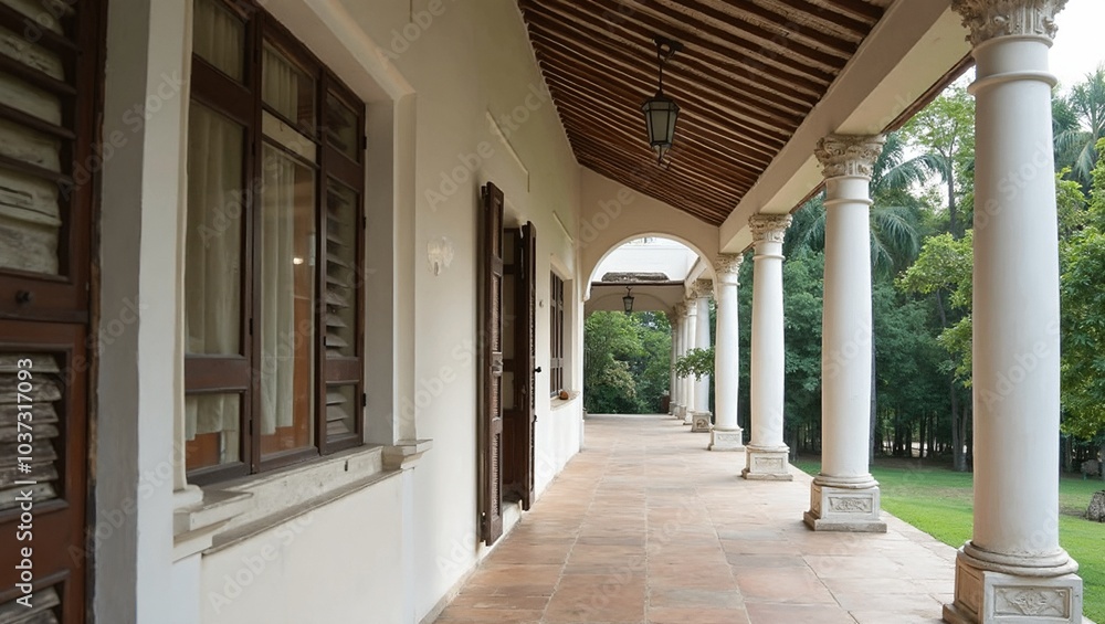 Colonial building with white pillars and tropical vegetation Colonial building with white pillars and tropical vegetation