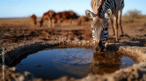 A zebra quenches its thirst at a watering hole, surrounded by a vibrant savannah landscape, epitomizing the African wilderness and the cycle of life. photo