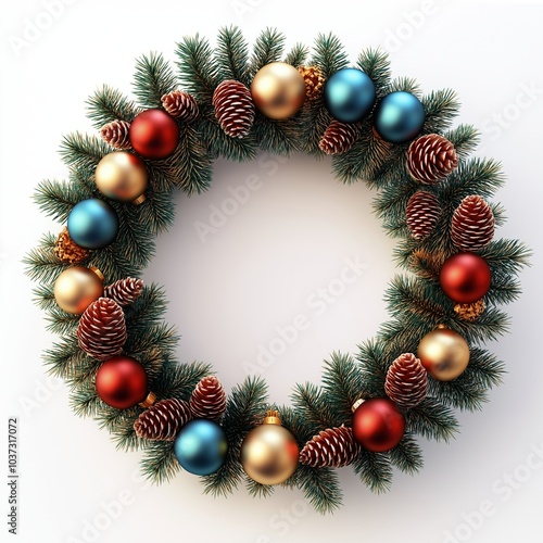 Christmas wreath made of fir tree and cones isolated on white. Christmas decorations