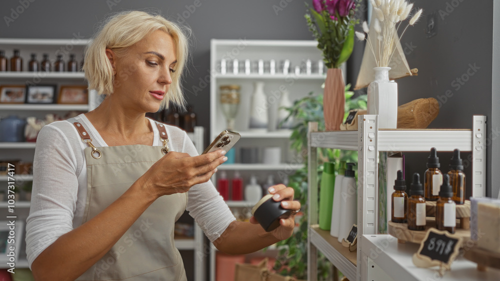 Woman taking photo with mobile phone of product in a home decor shop, surrounded by decorative items and plants, showcasing a modern and stylish setting. Woman taking photo with mobile phone of product in a home decor shop, surrounded by decorative items and plants, showcasing a modern and stylish setting.
