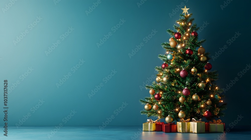 Decorated Christmas Tree with Gold and Red Ornaments and Gifts Decorated Christmas Tree with Gold and Red Ornaments and Gifts