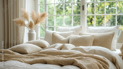 Sunlit bedroom with cozy textiles, neutral tones, and pampas grass near a large window creating a serene ambiance.