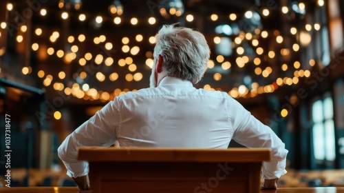 A man in a white shirt is seen from behind, seated and facing a backdrop of hundreds of shiny, small lights, creating an atmosphere of anticipation and mystery.