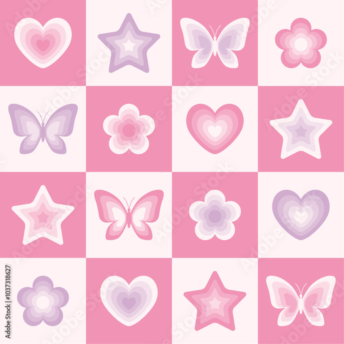 Y2k seamless pattern with butterflies, flowers, stars and hearts. Retro checkered pink background. Vector illustration. Abstract texture for fabric, textile, print.