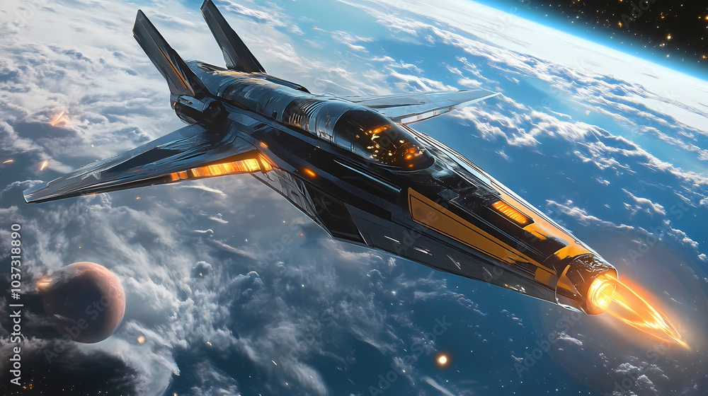 Fototapeta premium Artwork of starship above earth. Starship Launch. Illustration