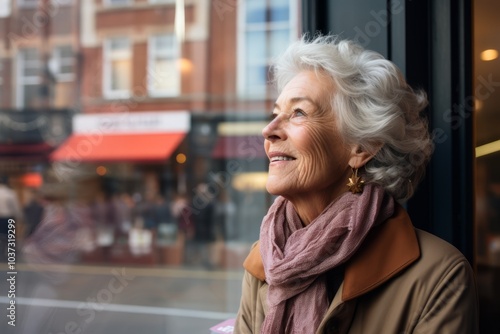 Portrait of smiling senior woman looking away at shop window in city