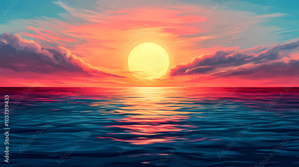 Asymmetrical sunset and sunrise over the sea. Sunset Over Horizon. Illustration Asymmetrical sunset and sunrise over the sea. Sunset Over Horizon. Illustration