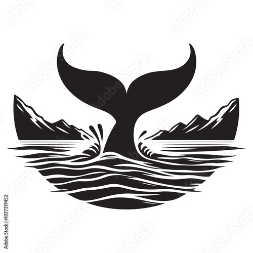  Whale tail in water silhouette vector  black color white background 