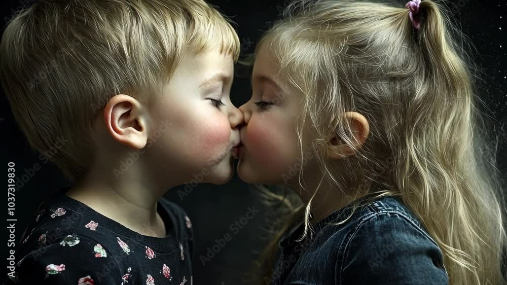 A young boy and girl share a tender kiss, captured in a moment of innocence and affection A young boy and girl share a tender kiss, captured in a moment of innocence and affection