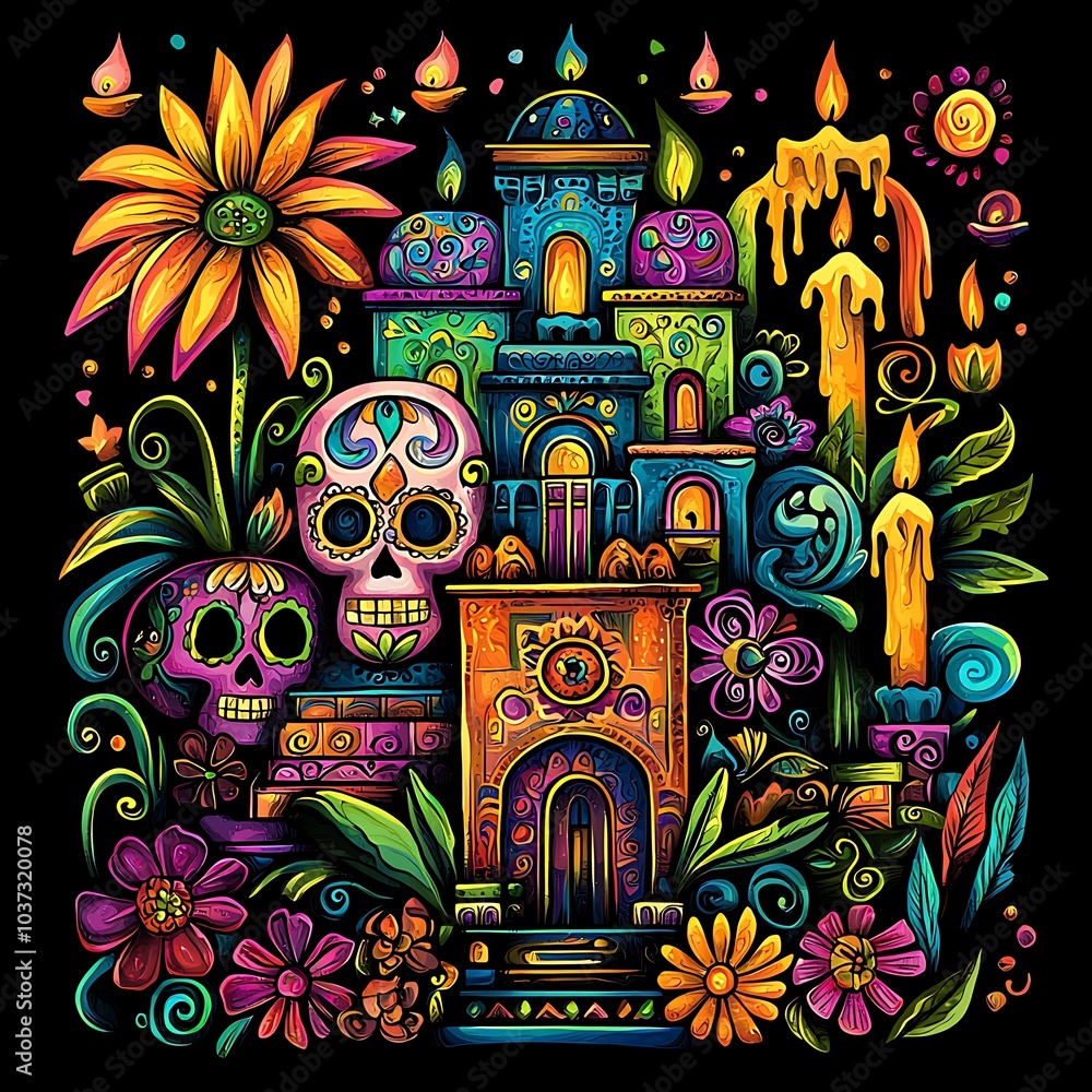 A vibrant and colorful illustration of the Day of the Dead A vibrant and colorful illustration of the Day of the Dead