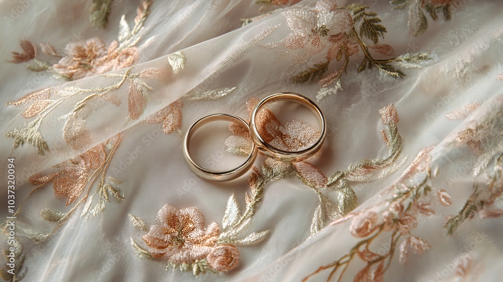 Two golden wedding rings resting on the bridges embroidered tulle with delicate pleats. Beautiful wedding design layout for a postcard Two golden wedding rings resting on the bridges embroidered tulle with delicate pleats. Beautiful wedding design layout for a postcard