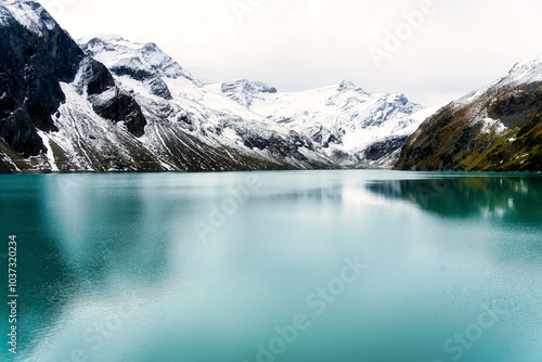 View from the Moserboden Reservoir towards the Wiesbachhorn in Austria, snow-covered