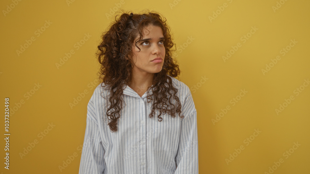 Young woman with curly hair and striped shirt posing against an isolated yellow wall background Young woman with curly hair and striped shirt posing against an isolated yellow wall background