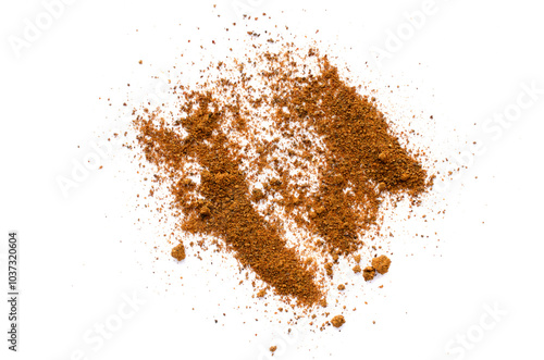 Heap of cinnamon powder isolated on white background, top view. Cinnamon powder isolated on white background, top view. Pile of cinnamon powder on a white background, top view.