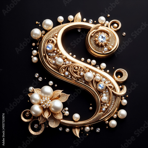 S. The letter of the Latin alphabet in the form of a luxurious openwork jewelry made of gold, decorated with precious stones, diamonds and pearls. On a black background.