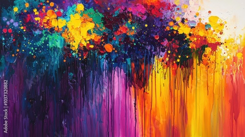 Colorful abstract paint splashes with vibrant dripping effect on dark background, Ai Generation